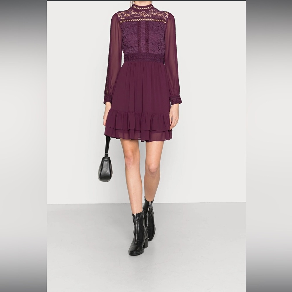 Plum Purple Lace and Ruffle Long Sleeve Dress